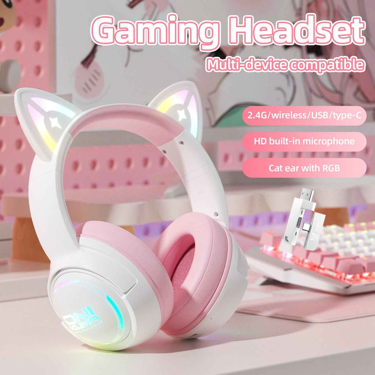 ONIKUMA GT838 Wireless Bluetooth/2.4ghz Gaming Headset RGB - Kitty Cat Ears- PS4/PS5/PC/SWITCH