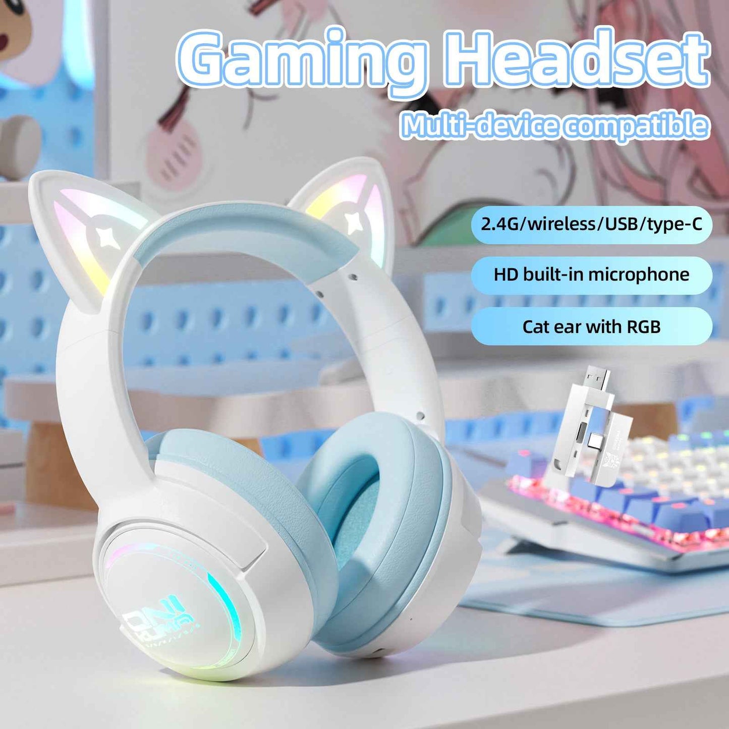 ONIKUMA GT838 Wireless Bluetooth/2.4ghz Gaming Headset RGB - Kitty Cat Ears- PS4/PS5/PC/SWITCH