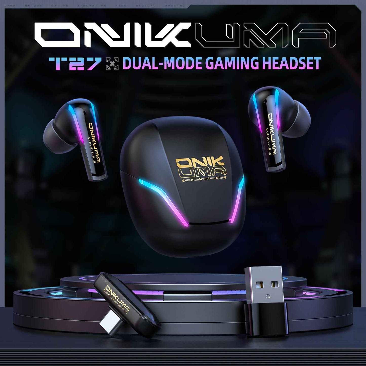 ONIKUMA T27 Dual-Mode RGB Wireless Bluetooth/2.4ghz Earbuds Headphones