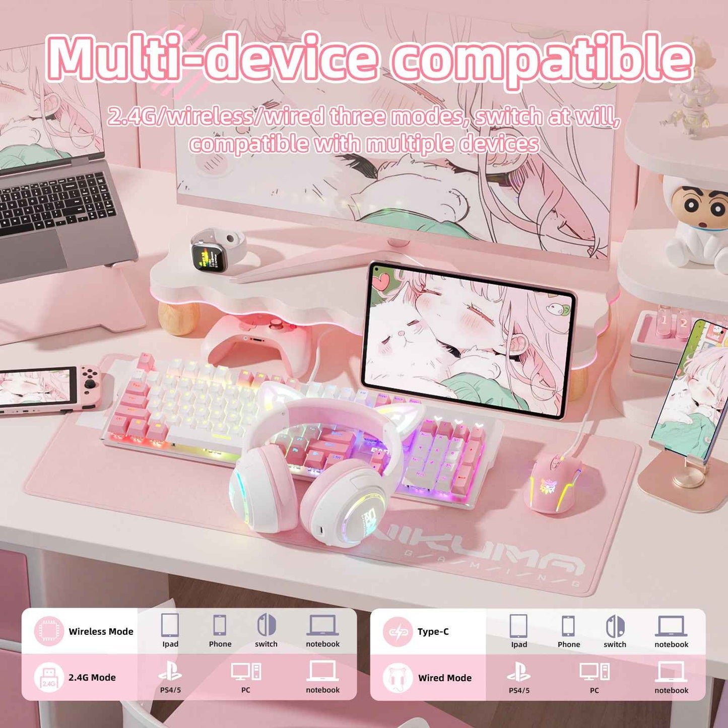 ONIKUMA GT838 Wireless Bluetooth/2.4ghz Gaming Headset RGB - Kitty Cat Ears- PS4/PS5/PC/SWITCH