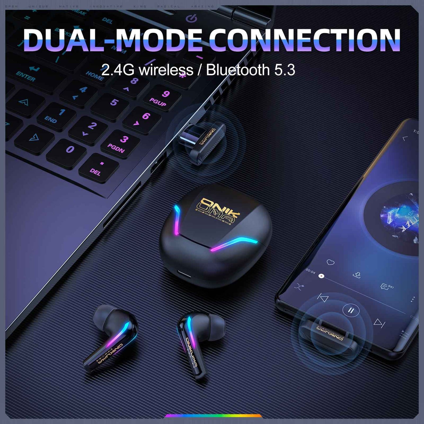 ONIKUMA T27 Dual-Mode RGB Wireless Bluetooth/2.4ghz Earbuds Headphones