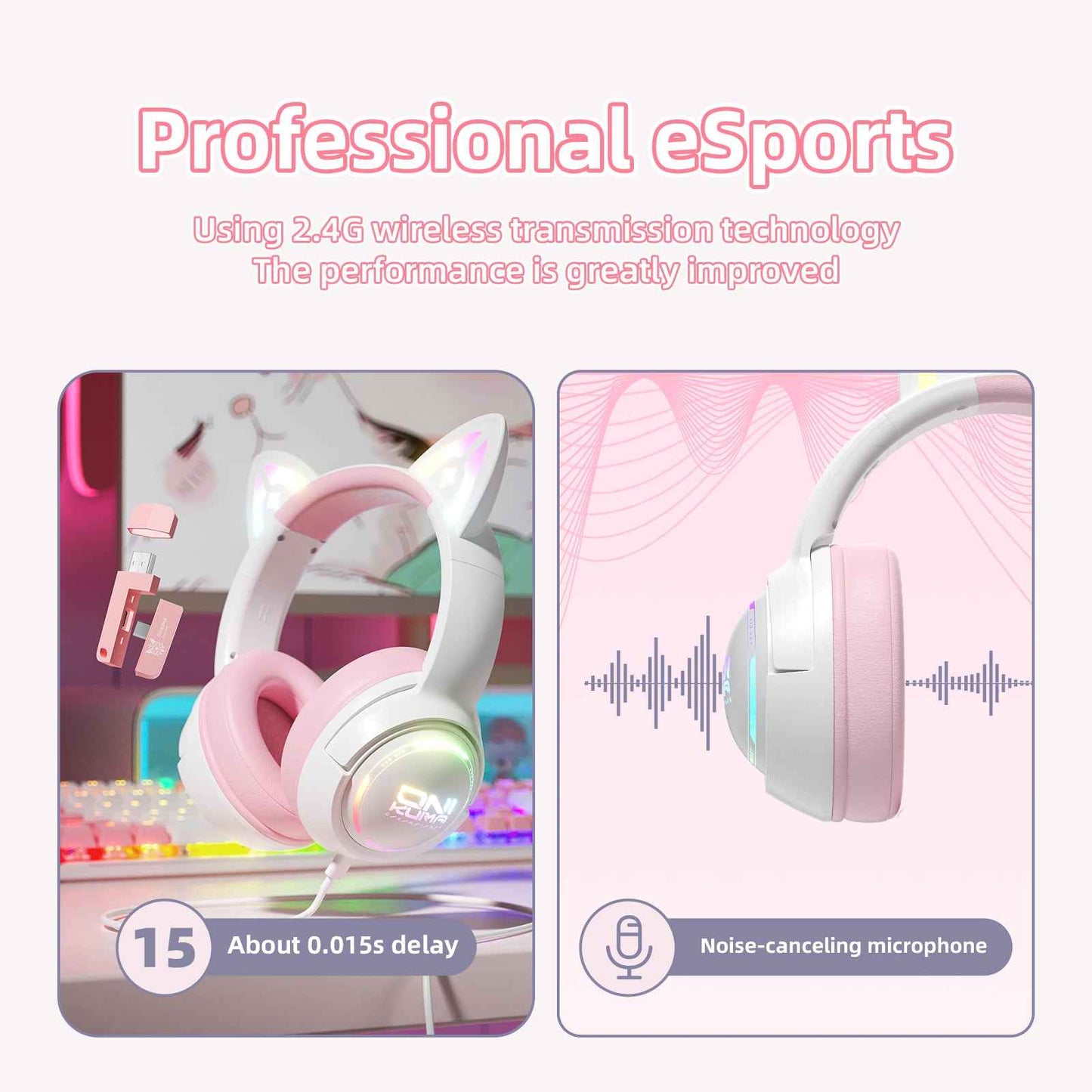 ONIKUMA GT838 Wireless Bluetooth/2.4ghz Gaming Headset RGB - Kitty Cat Ears- PS4/PS5/PC/SWITCH