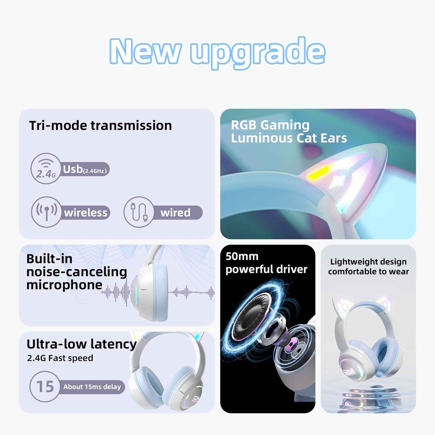 ONIKUMA GT838 Wireless Bluetooth/2.4ghz Gaming Headset RGB - Kitty Cat Ears- PS4/PS5/PC/SWITCH