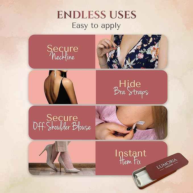 LUMORIA Fashion Tape (75 Pack) Double Sided Body Tape for Clothes, Suitable for All Fabric and Sensitive Skin, Extra Adhesive with Travel Tin