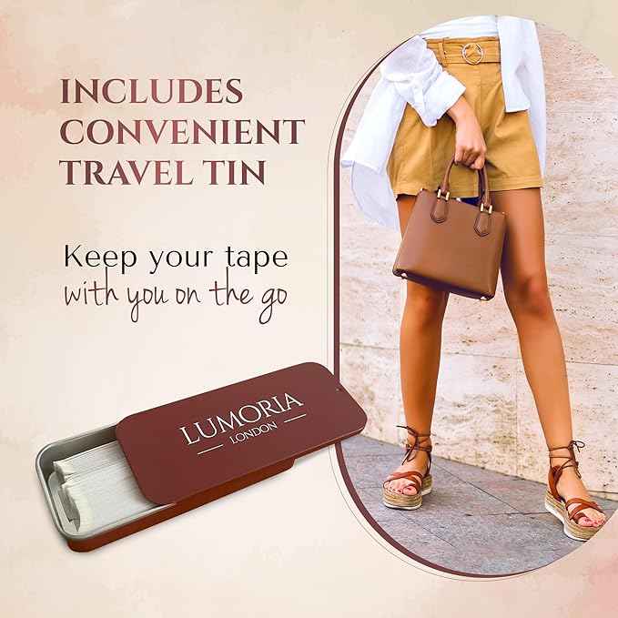 LUMORIA Fashion Tape (75 Pack) Double Sided Body Tape for Clothes, Suitable for All Fabric and Sensitive Skin, Extra Adhesive with Travel Tin