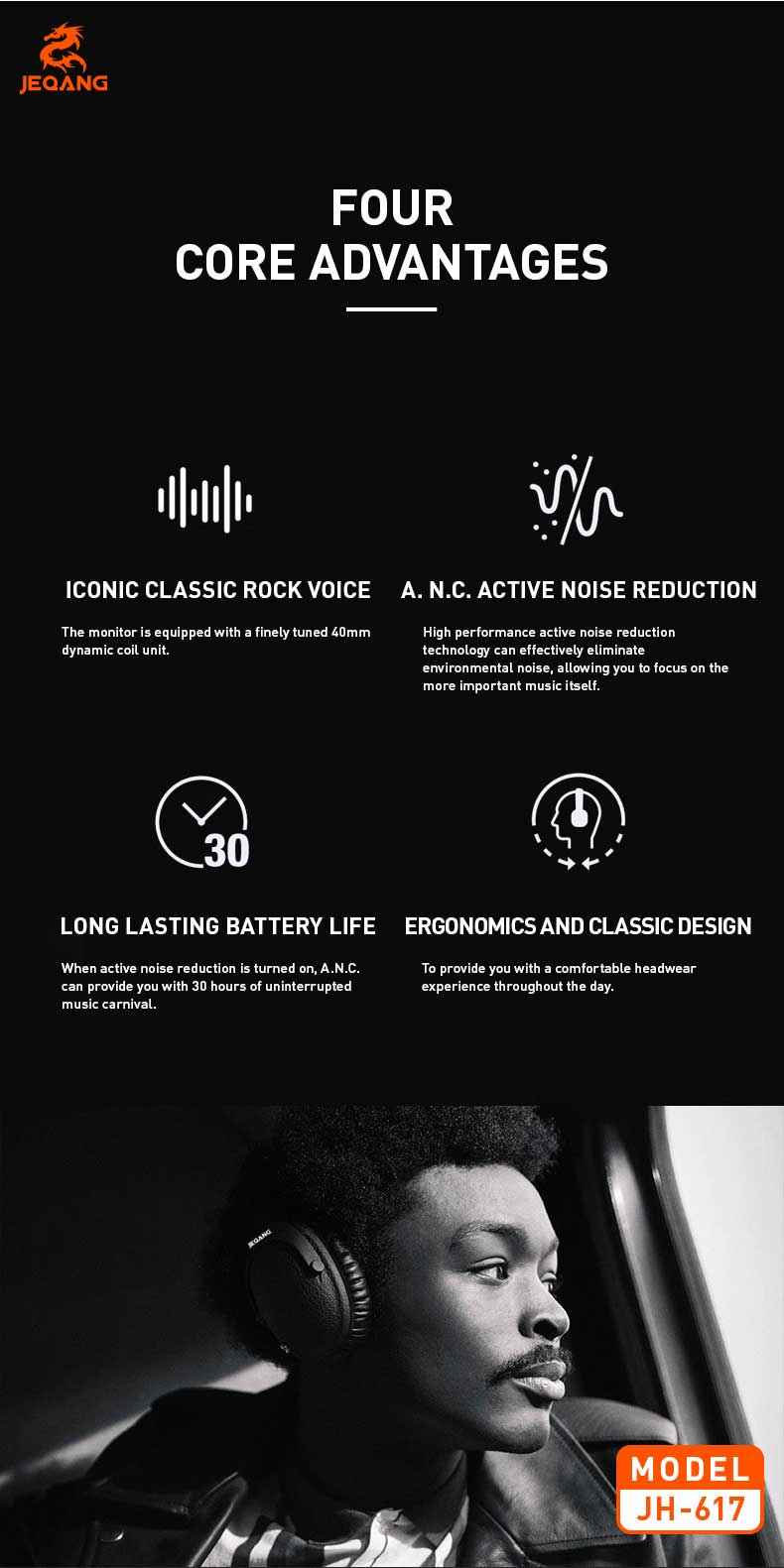 JH-617 Wireless Bluetooth ANC Over-Head Headphones - *Dynamic 40mm Coil*