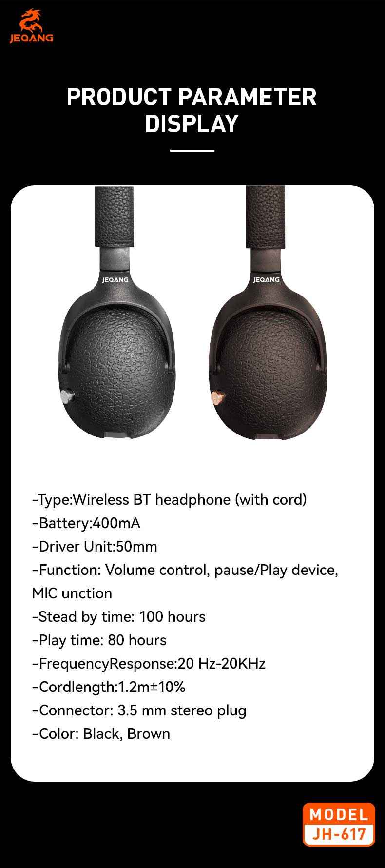 JH-617 Wireless Bluetooth ANC Over-Head Headphones - *Dynamic 40mm Coil*