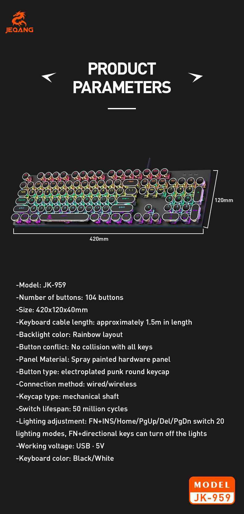 JK-959 104-Keys WIRED Mechanical Keyboard - RGB Lighting