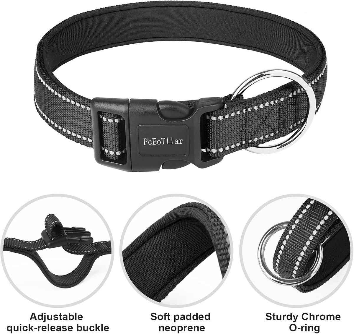 PcEoTllar Soft Dog Collar, Reflective, Nylon Neoprene Padded, Adjustable with Tag