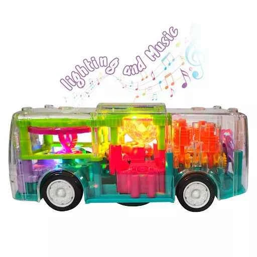 Musical Bus Toy- 360 Degree Rotating- Transparent Bus with 3D Light and Music