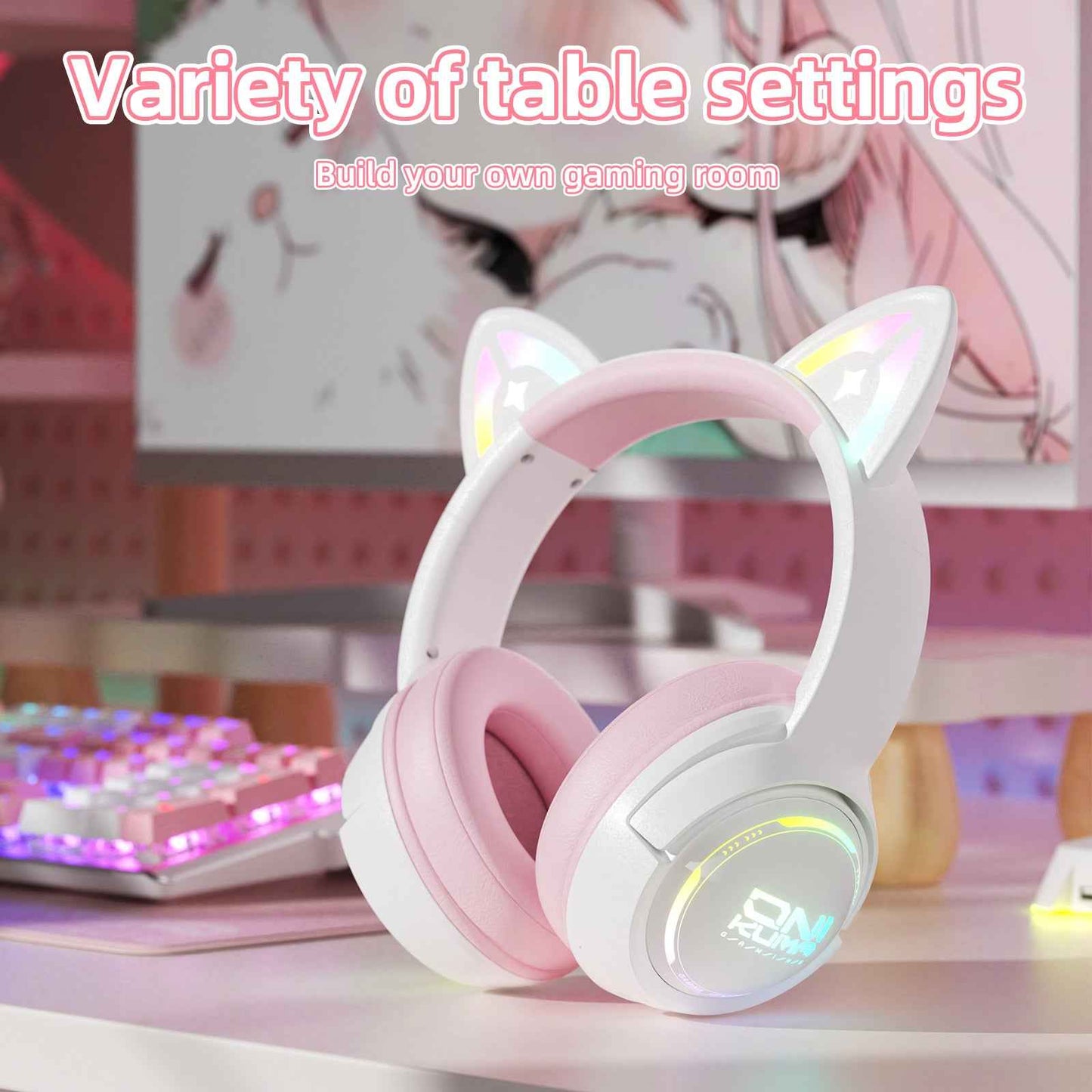 ONIKUMA GT838 Wireless Bluetooth/2.4ghz Gaming Headset RGB - Kitty Cat Ears- PS4/PS5/PC/SWITCH