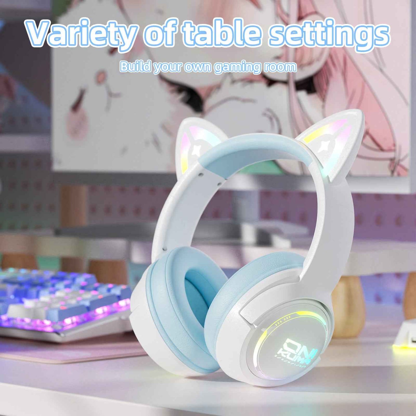 ONIKUMA GT838 Wireless Bluetooth/2.4ghz Gaming Headset RGB - Kitty Cat Ears- PS4/PS5/PC/SWITCH