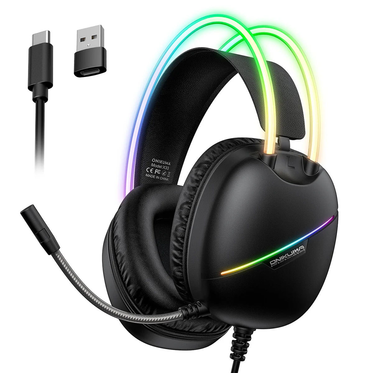 ONIKUMA X33 RGB Gaming Headset – Wired USB-C Headphones with Noise-Cancelling Mic, 50mm Drivers, Surround Sound for PC, PS5, PS4, Xbox & Switch