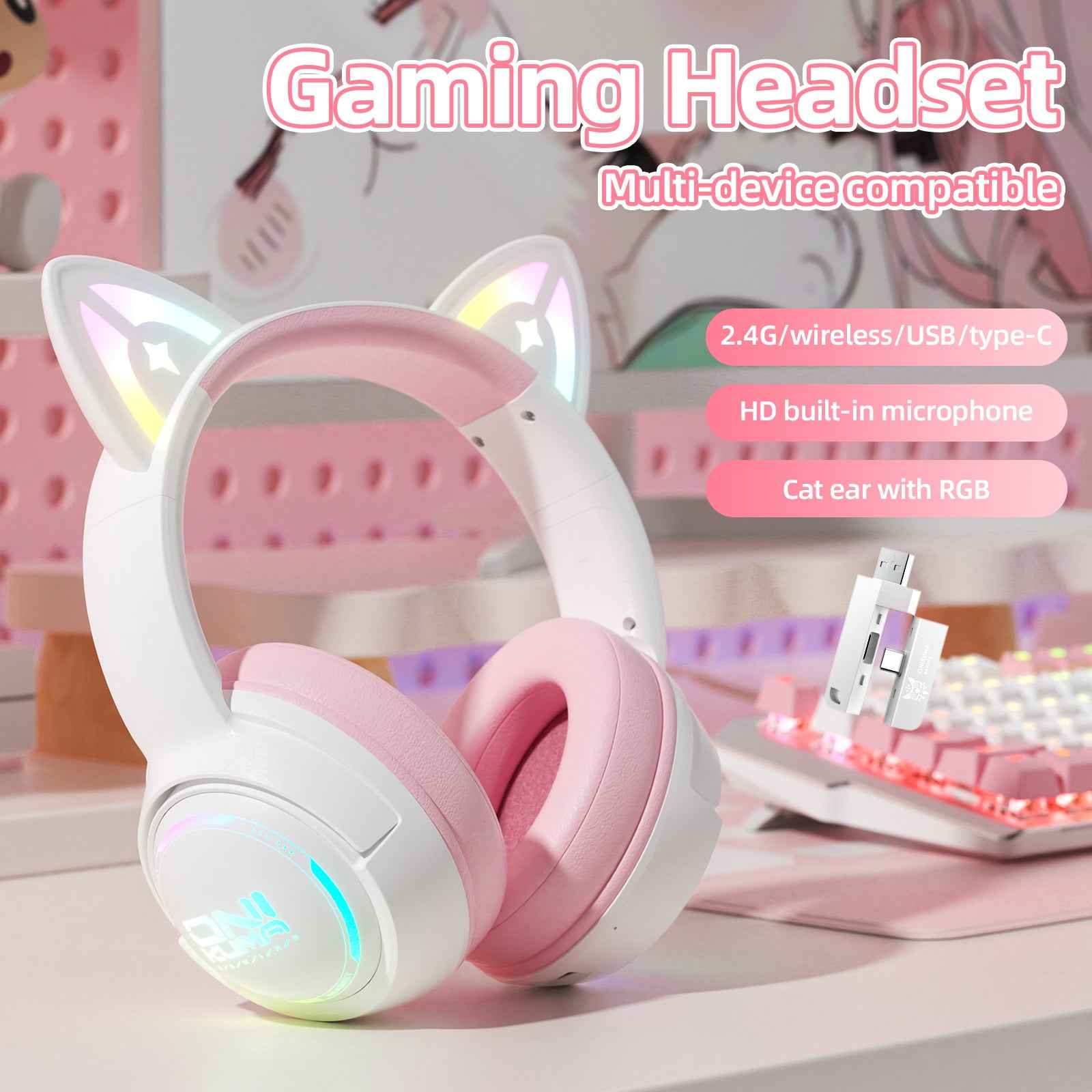 ONIKUMA GT838 Wireless Bluetooth/2.4ghz Gaming Headset RGB - Kitty Cat Ears- PS4/PS5/PC/SWITCH