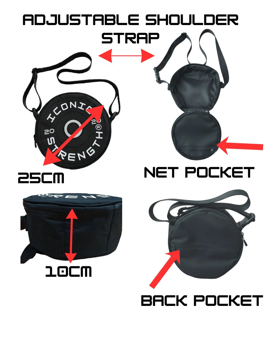 Iconic Strength Mini Gym Bag – Plate-Style Fitness Crossbody for Lifting Gear, Bands & Daily Essentials