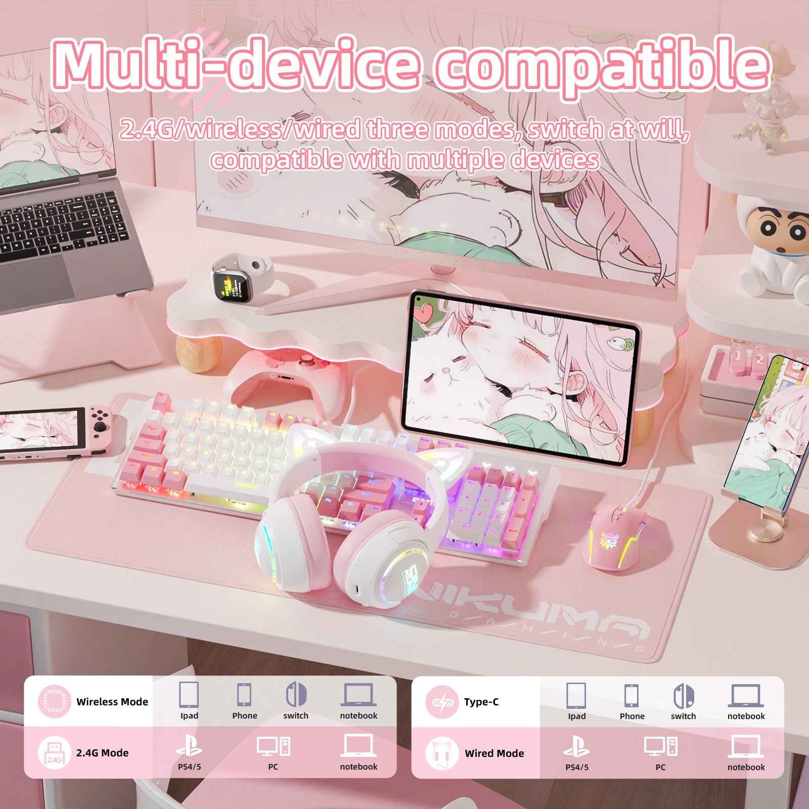 ONIKUMA GT838 Wireless Bluetooth/2.4ghz Gaming Headset RGB - Kitty Cat Ears- PS4/PS5/PC/SWITCH