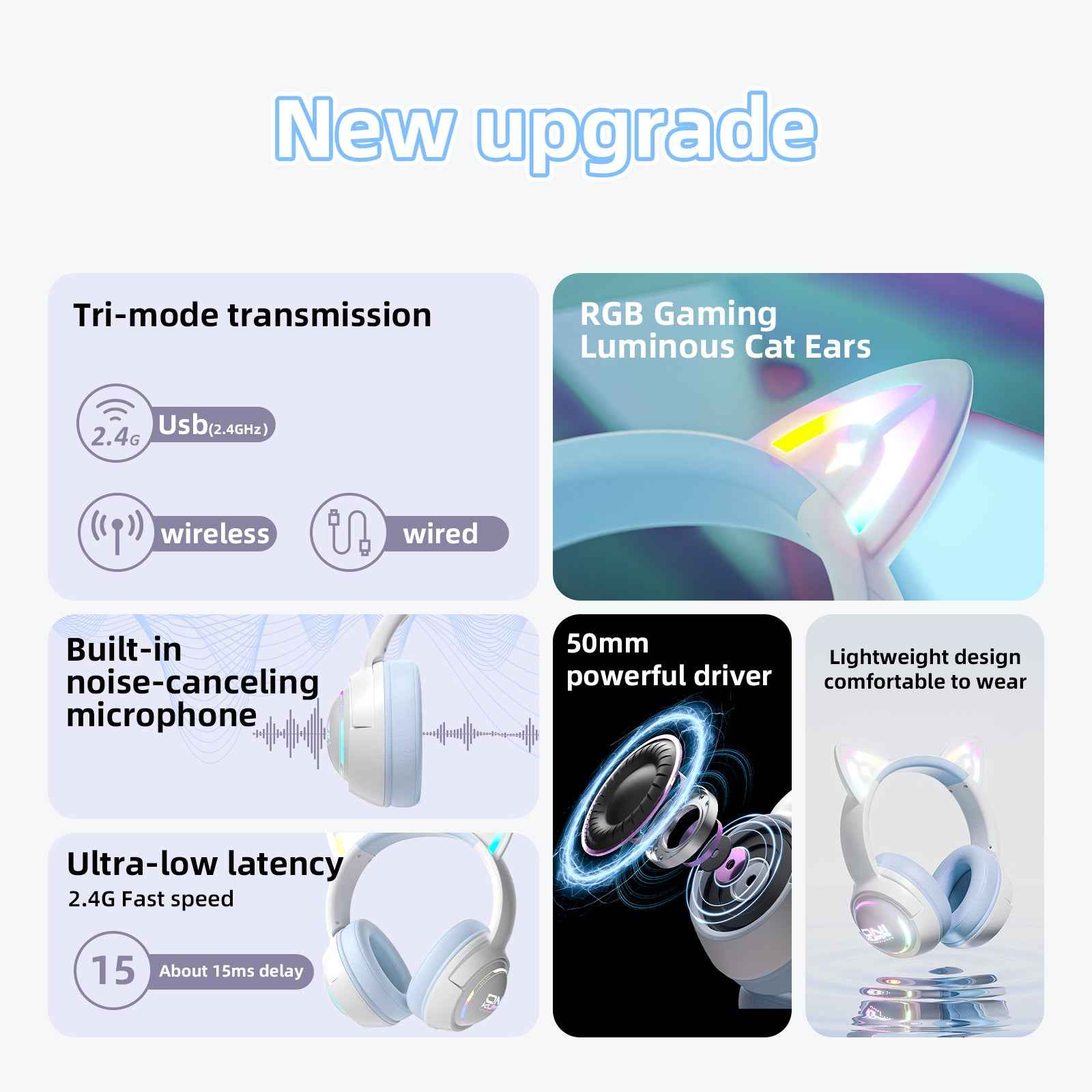 ONIKUMA GT838 Wireless Bluetooth/2.4ghz Gaming Headset RGB - Kitty Cat Ears- PS4/PS5/PC/SWITCH