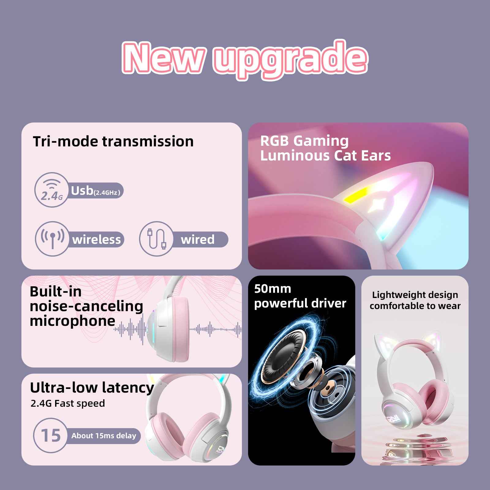 ONIKUMA GT838 Wireless Bluetooth/2.4ghz Gaming Headset RGB - Kitty Cat Ears- PS4/PS5/PC/SWITCH