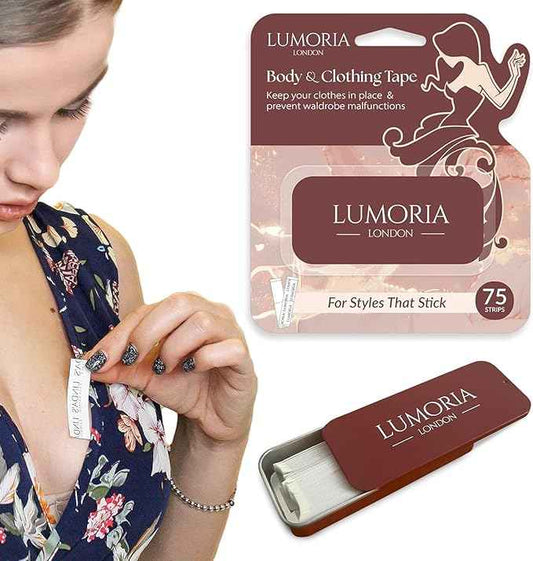 LUMORIA Fashion Tape (75 Pack) Double Sided Body Tape for Clothes, Suitable for All Fabric and Sensitive Skin, Extra Adhesive with Travel Tin