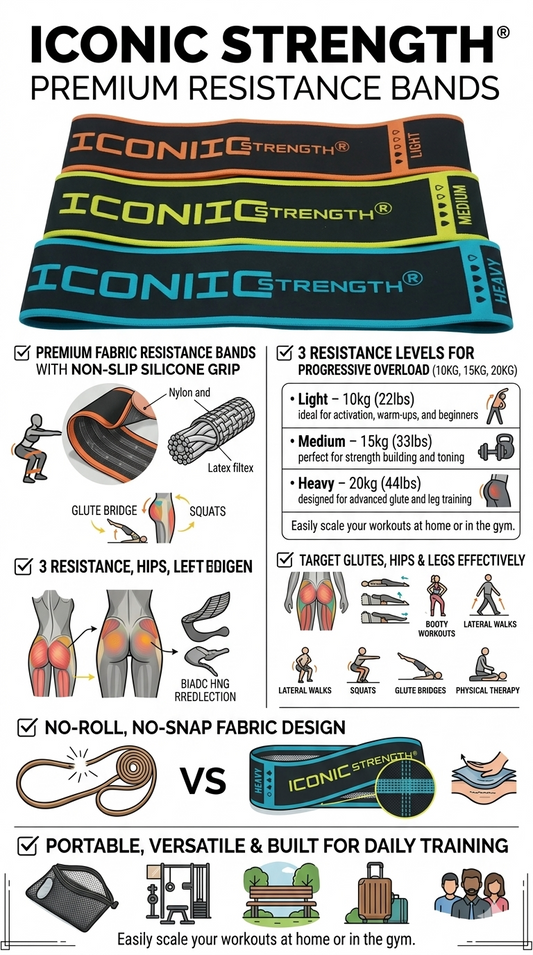 Iconic Strength Fabric Resistance Bands Set – Non-Slip Silicone Grip Glute & Hip Workout Bands – Light 10kg, Medium 15kg, Heavy 20kg – Premium Home & Gym Strength Training