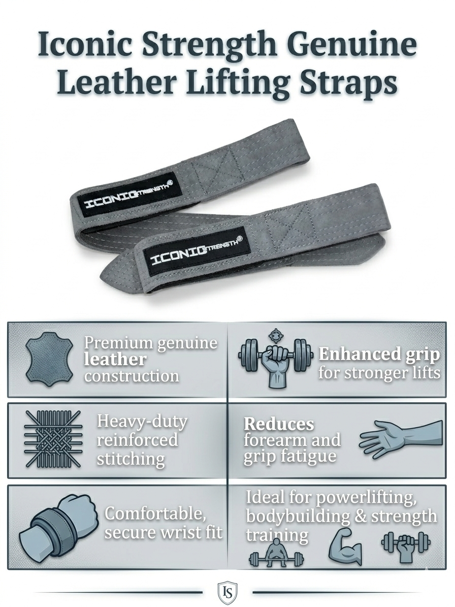 Iconic Strength Genuine Leather Lifting Straps – Heavy-Duty Grip Support for Weightlifting & Strength Training
