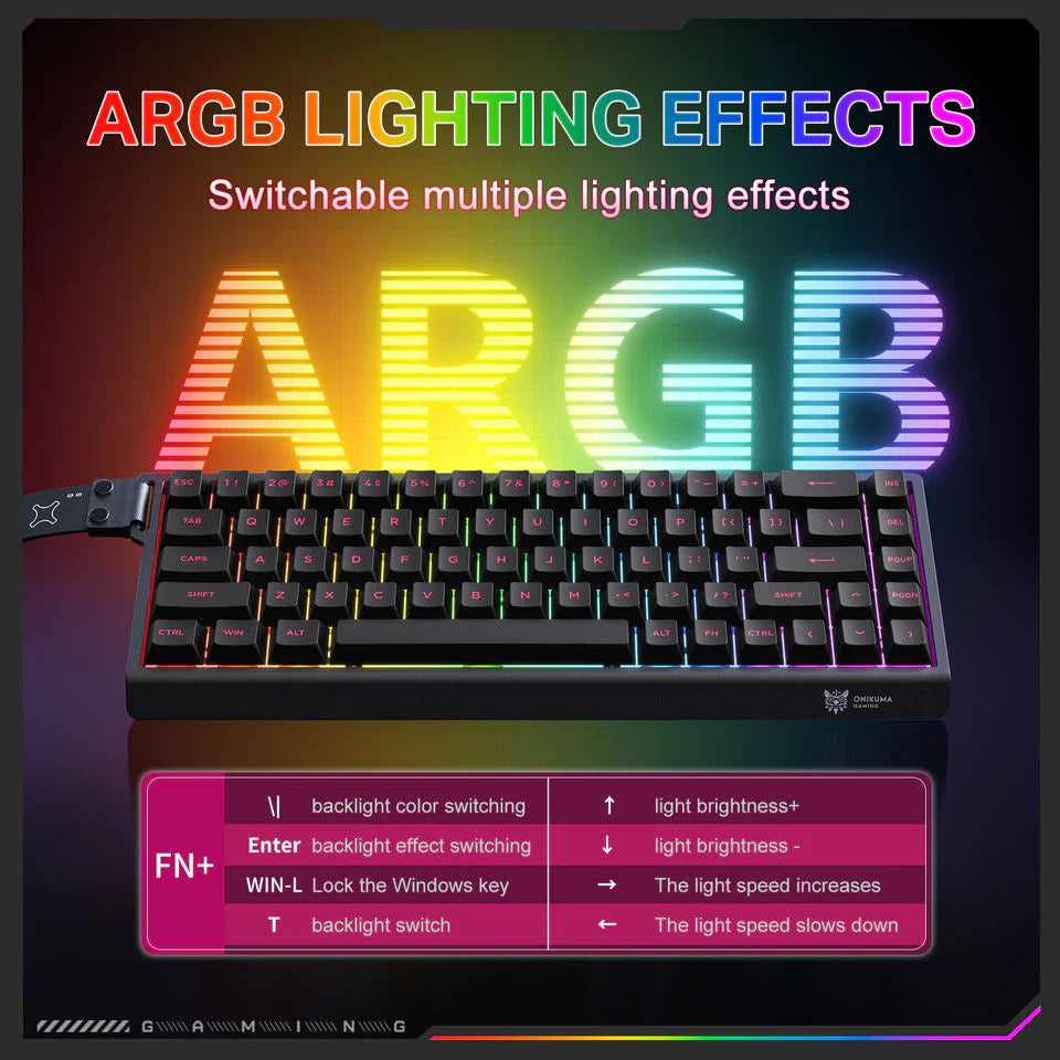 ONIKUMA MT603 Tri-Mode 68-Key Wireless Mechanical Keyboard – Hot-Swappable, 2.4GHz / Bluetooth / USB-C, ARGB Gaming Keyboard