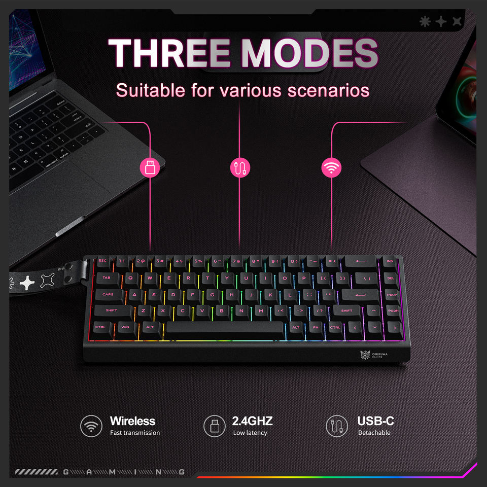 ONIKUMA MT603 Tri-Mode 68-Key Wireless Mechanical Keyboard – Hot-Swappable, 2.4GHz / Bluetooth / USB-C, ARGB Gaming Keyboard