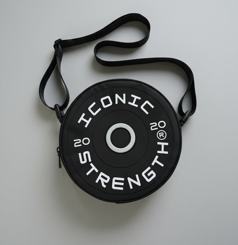 Iconic Strength Mini Gym Bag – Plate-Style Fitness Crossbody for Lifting Gear, Bands & Daily Essentials