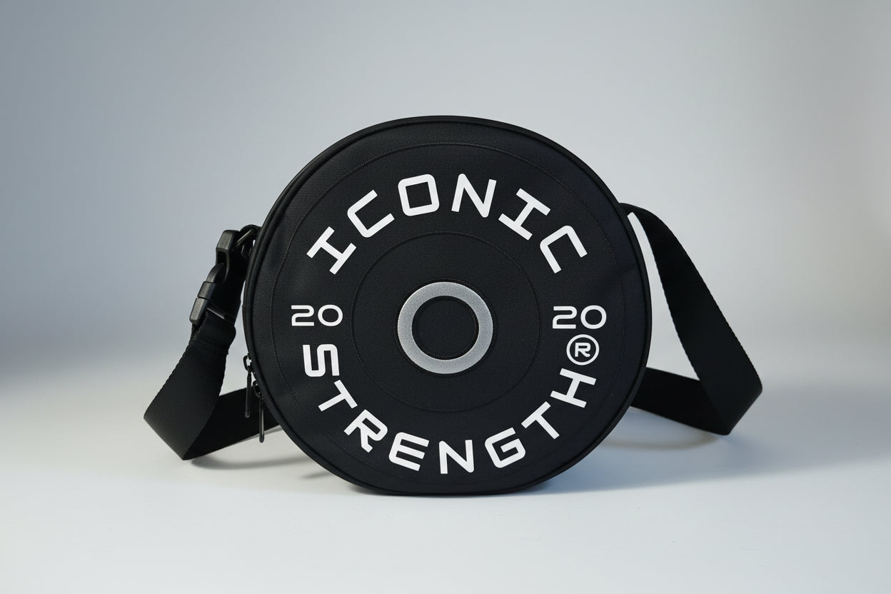 Iconic Strength Mini Gym Bag – Plate-Style Fitness Crossbody for Lifting Gear, Bands & Daily Essentials