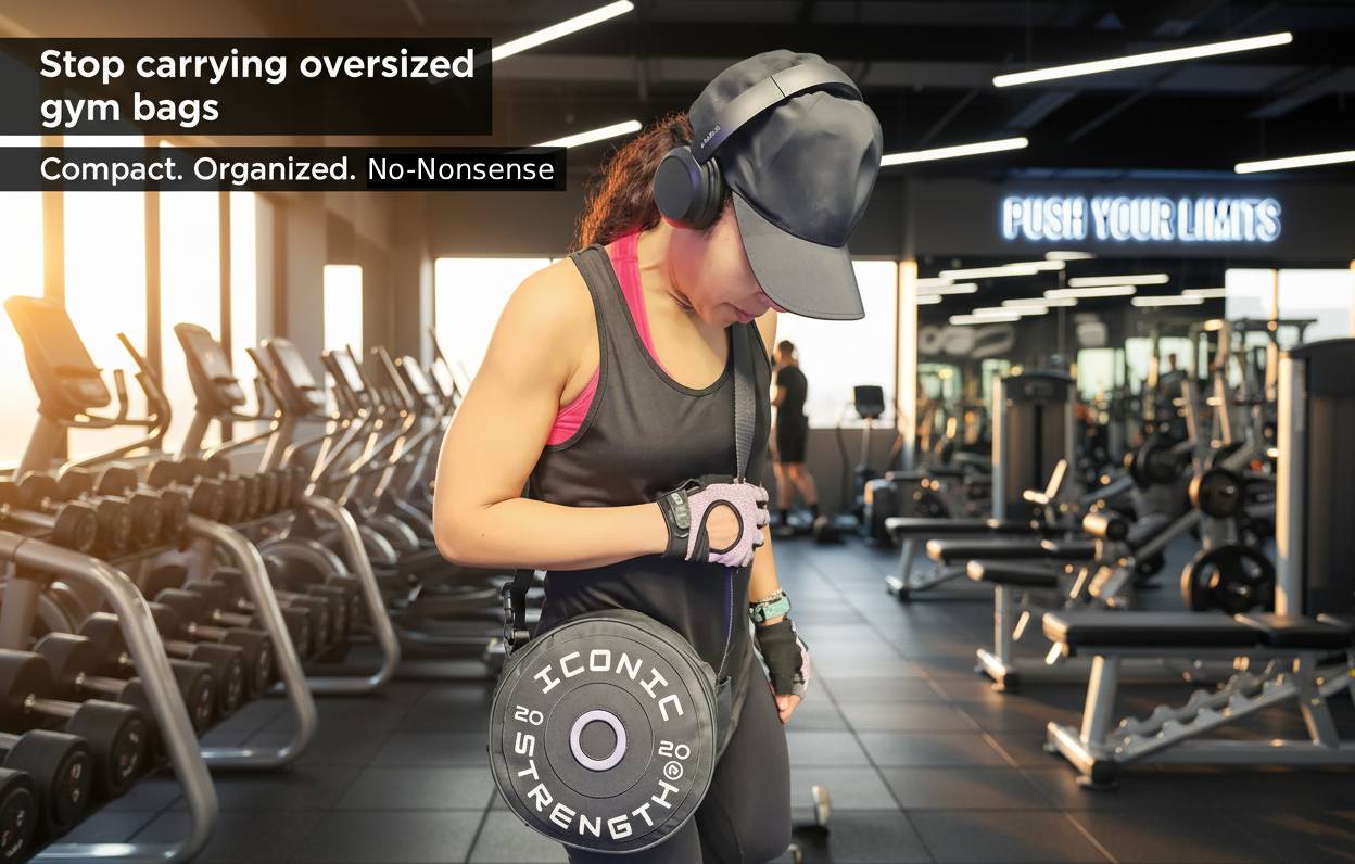 Iconic Strength Mini Gym Bag – Plate-Style Fitness Crossbody for Lifting Gear, Bands & Daily Essentials