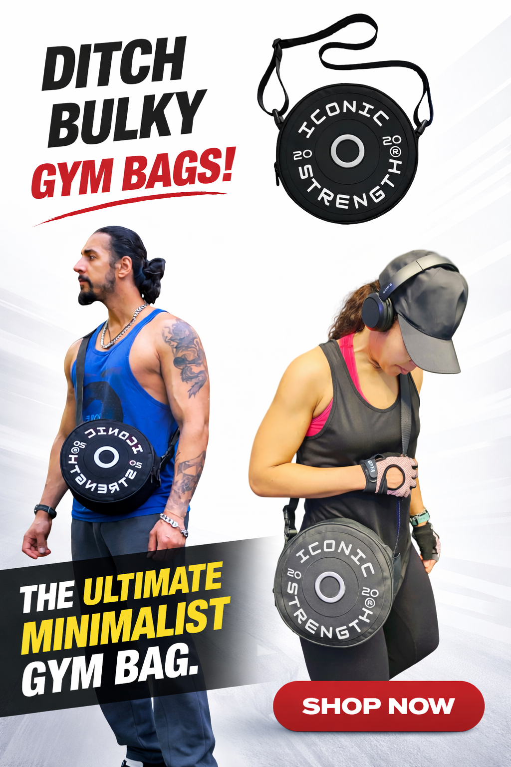 Iconic Strength Mini Gym Bag – Plate-Style Fitness Crossbody for Lifting Gear, Bands & Daily Essentials
