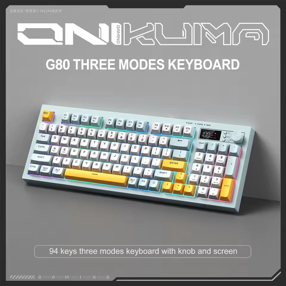 ONIKUMA G80 Tri-Mode Mechanical Keyboard 94 Keys – Wireless Bluetooth 2.4G & USB-C Wired Gaming Keyboard, Hot Swappable, Gasket Mount, RGB Backlight, LCD Screen