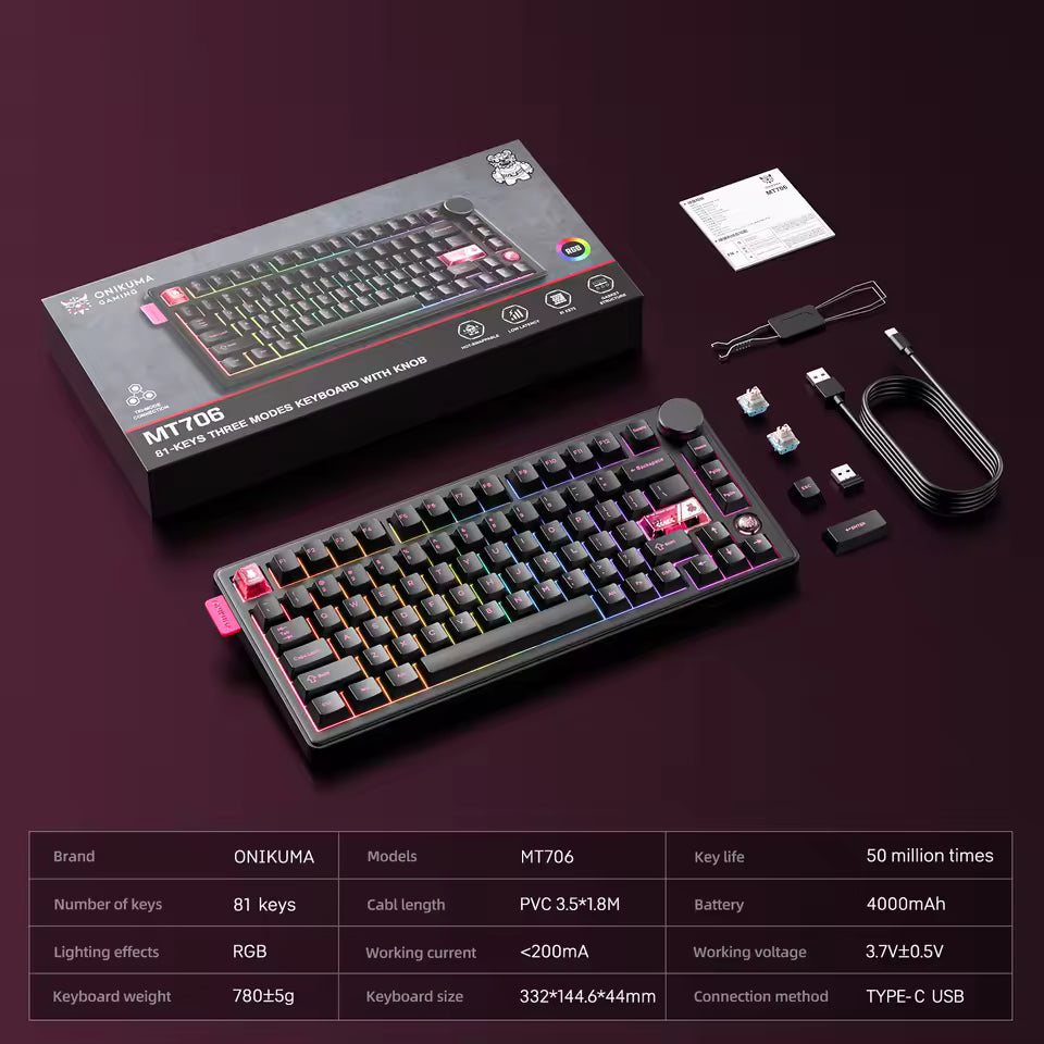 ONIKUMA MT706 2025 Tri-Mode Mechanical Gaming Keyboard – 81-Key RGB PBT Keyboard, Wireless 2.4G, Bluetooth & USB-C Wired