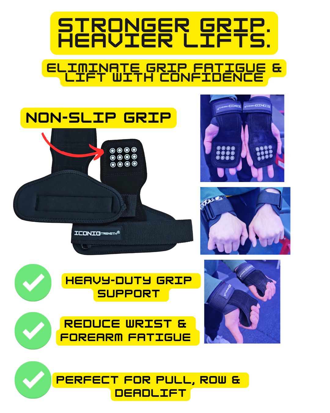 Iconic Strength Genuine Leather Lifting Straps with Embedded Silicone Grip – Heavy-Duty Wrist Support for Deadlifts, Pull-Ups & Strength Training