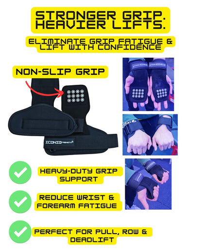 Iconic Strength Genuine Leather Lifting Straps with Embedded Silicone Grip – Heavy-Duty Wrist Support for Deadlifts, Pull-Ups & Strength Training