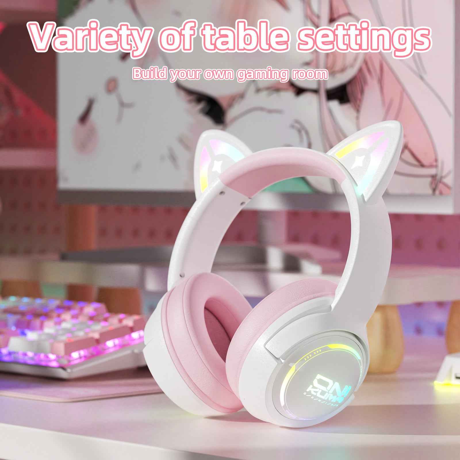 ONIKUMA GT838 Wireless Bluetooth/2.4ghz Gaming Headset RGB - Kitty Cat Ears- PS4/PS5/PC/SWITCH